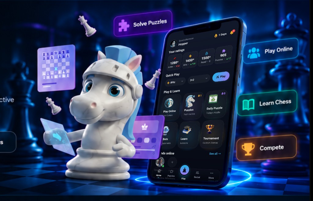Hopper beside the ChessOnes mobile game, surrounded by glowing puzzle, online play, learning, and competition panels