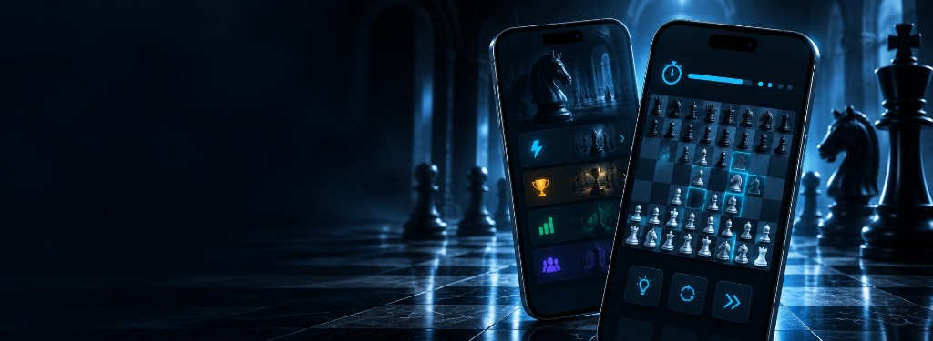 ChessOnes app menu and Puzzle Rush displayed on two mobile phones in a blue-lit chess hall