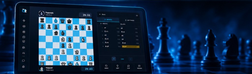 ChessOnes game screen on a tablet, showing a live board, player clocks and the move list